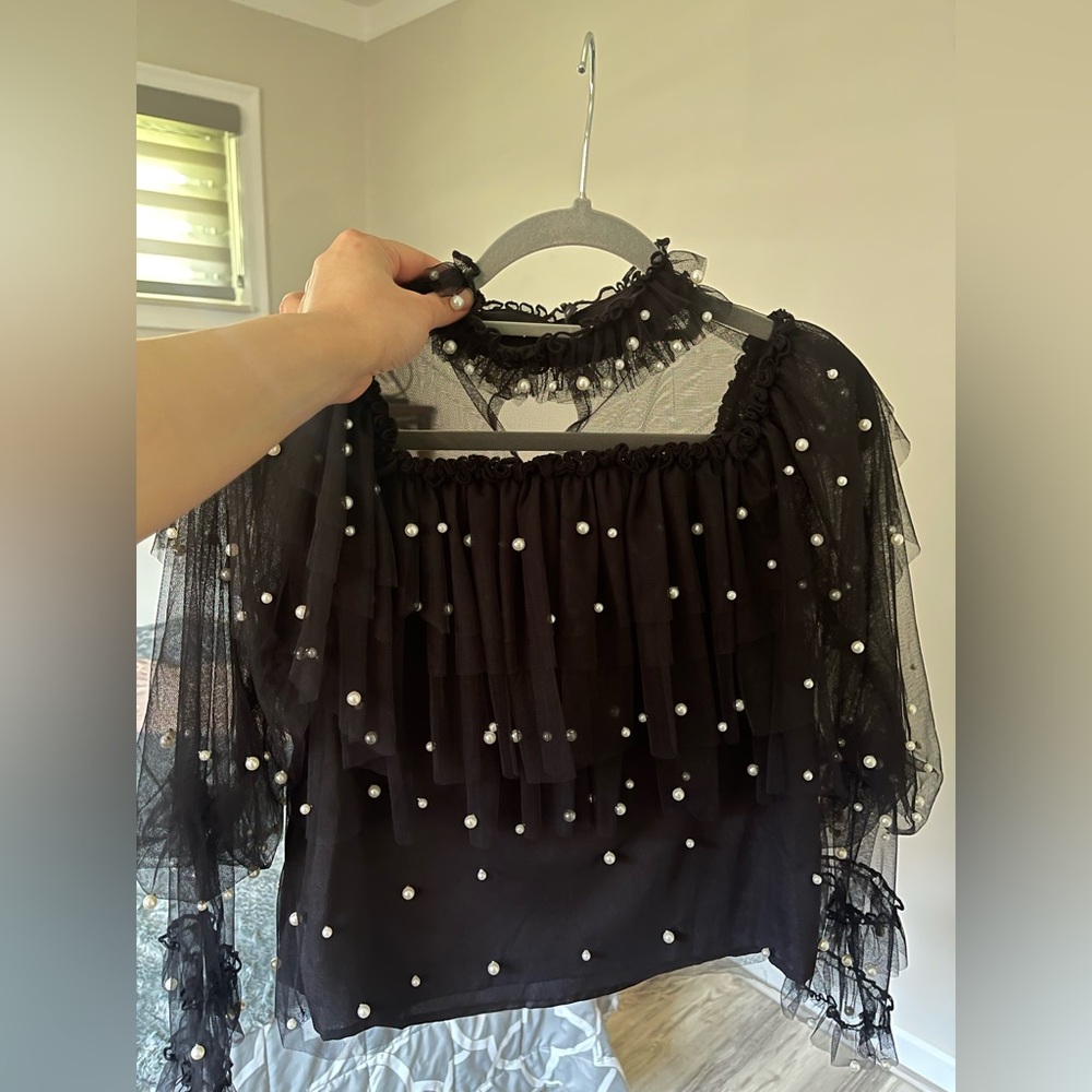 Elegant Black Pearl-Embellished Women's Top